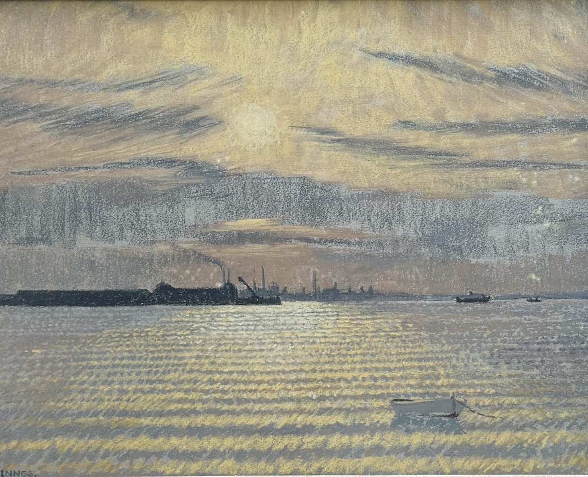 William Henry INNES (1905-1999) - Coucher de soleil sur un port industriel, circa 1930