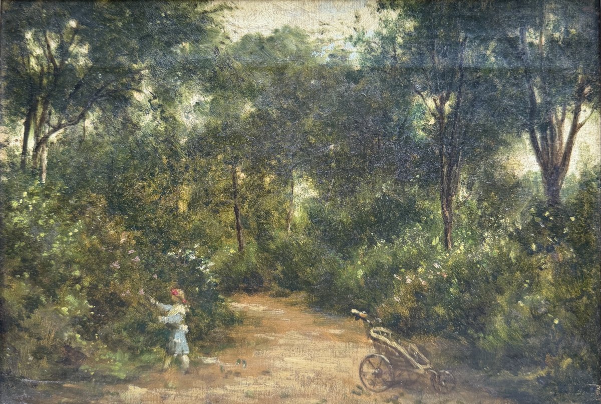 Ecole Française Impressionniste - Petite fille jouant au jardin, circa 1870-photo-2