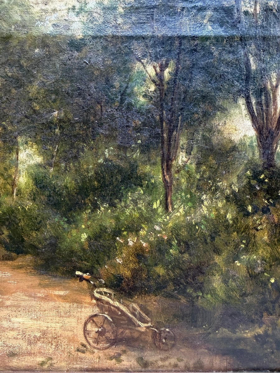 Ecole Française Impressionniste - Petite fille jouant au jardin, circa 1870-photo-3