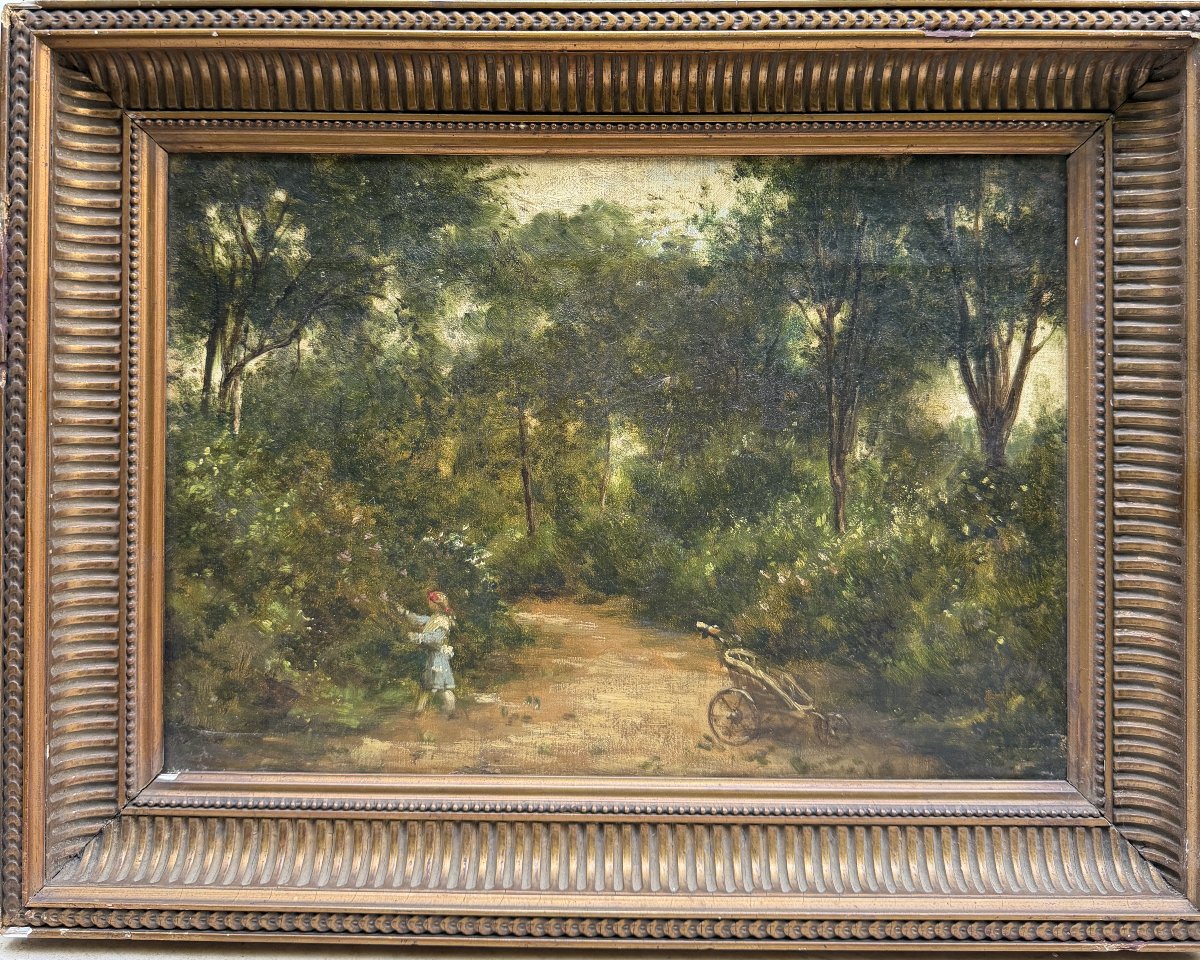 Ecole Française Impressionniste - Petite fille jouant au jardin, circa 1870