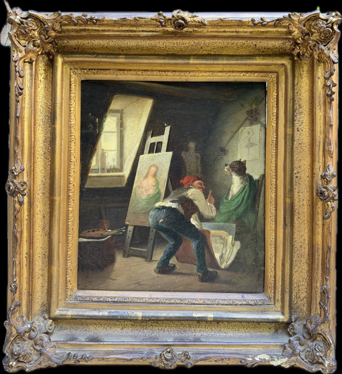 Ecole française du 19ème siècle - L'artiste fauché et sa muse - son chien, circa 1860-photo-2