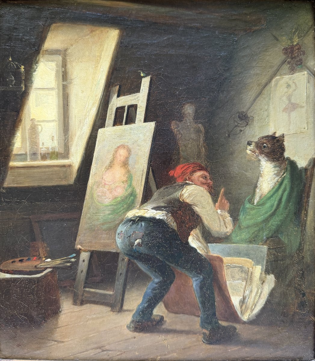Ecole française du 19ème siècle - L'artiste fauché et sa muse - son chien, circa 1860