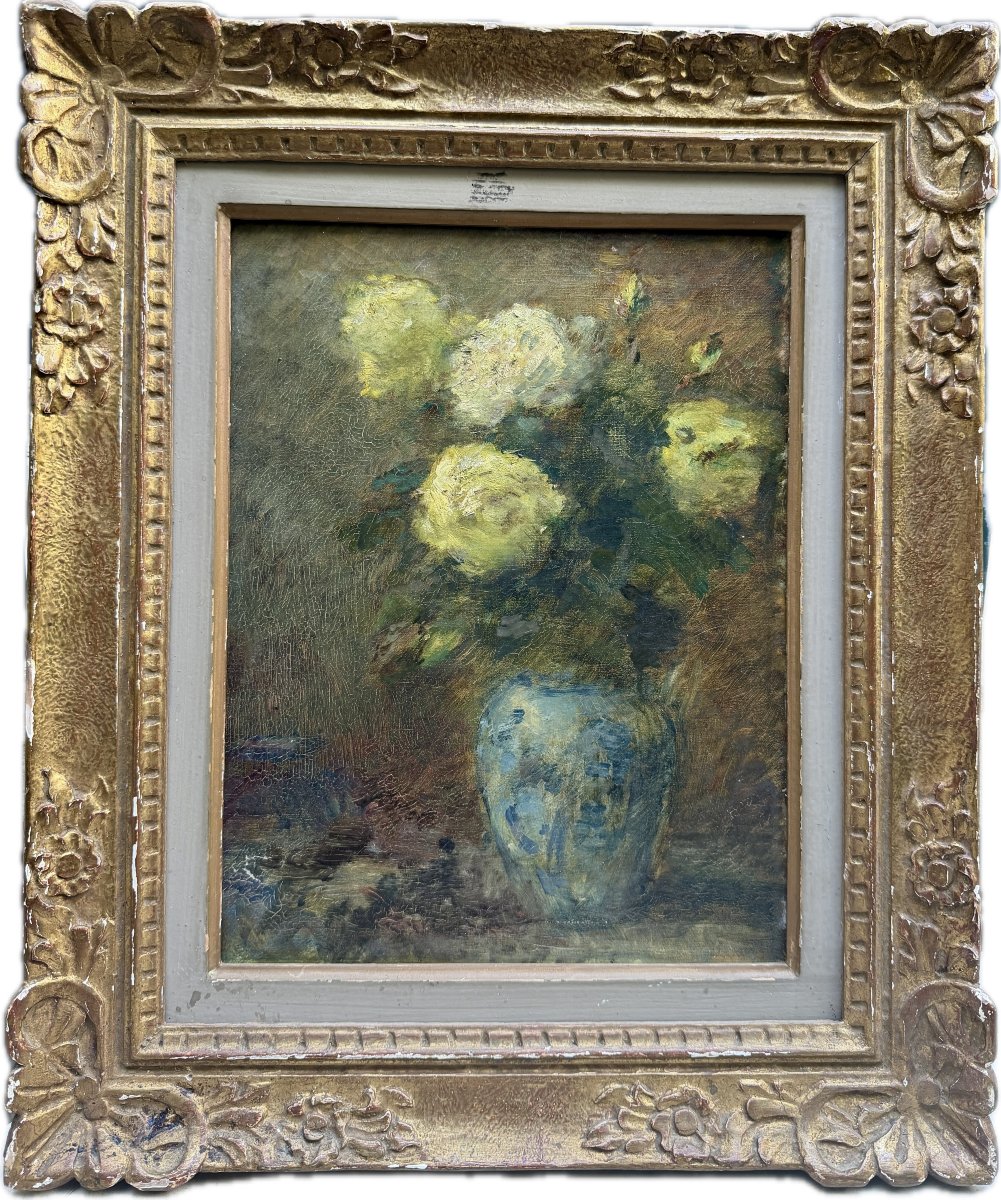 Ecole Française Impressionniste - tableau nature morte au vase et aux roses, circa 1890-photo-2