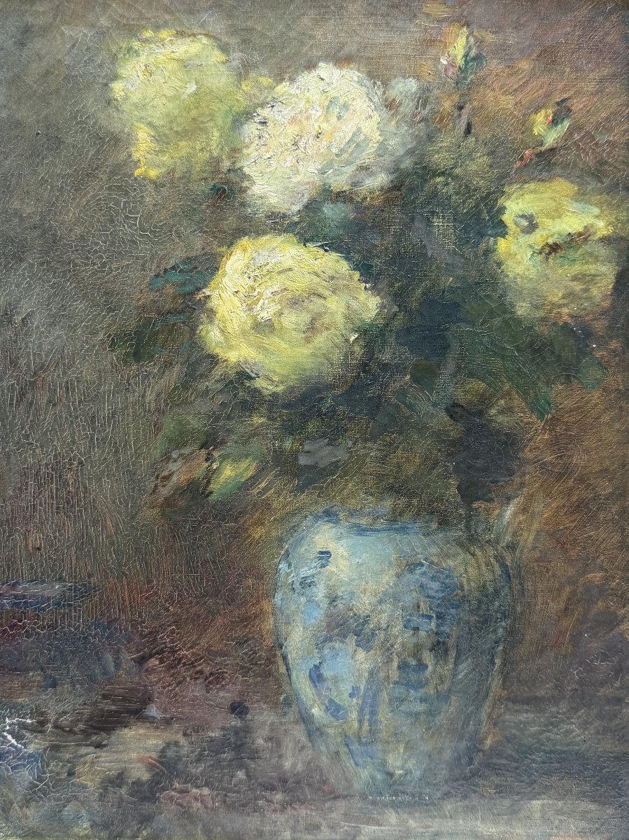 Ecole Française Impressionniste - tableau nature morte au vase et aux roses, circa 1890