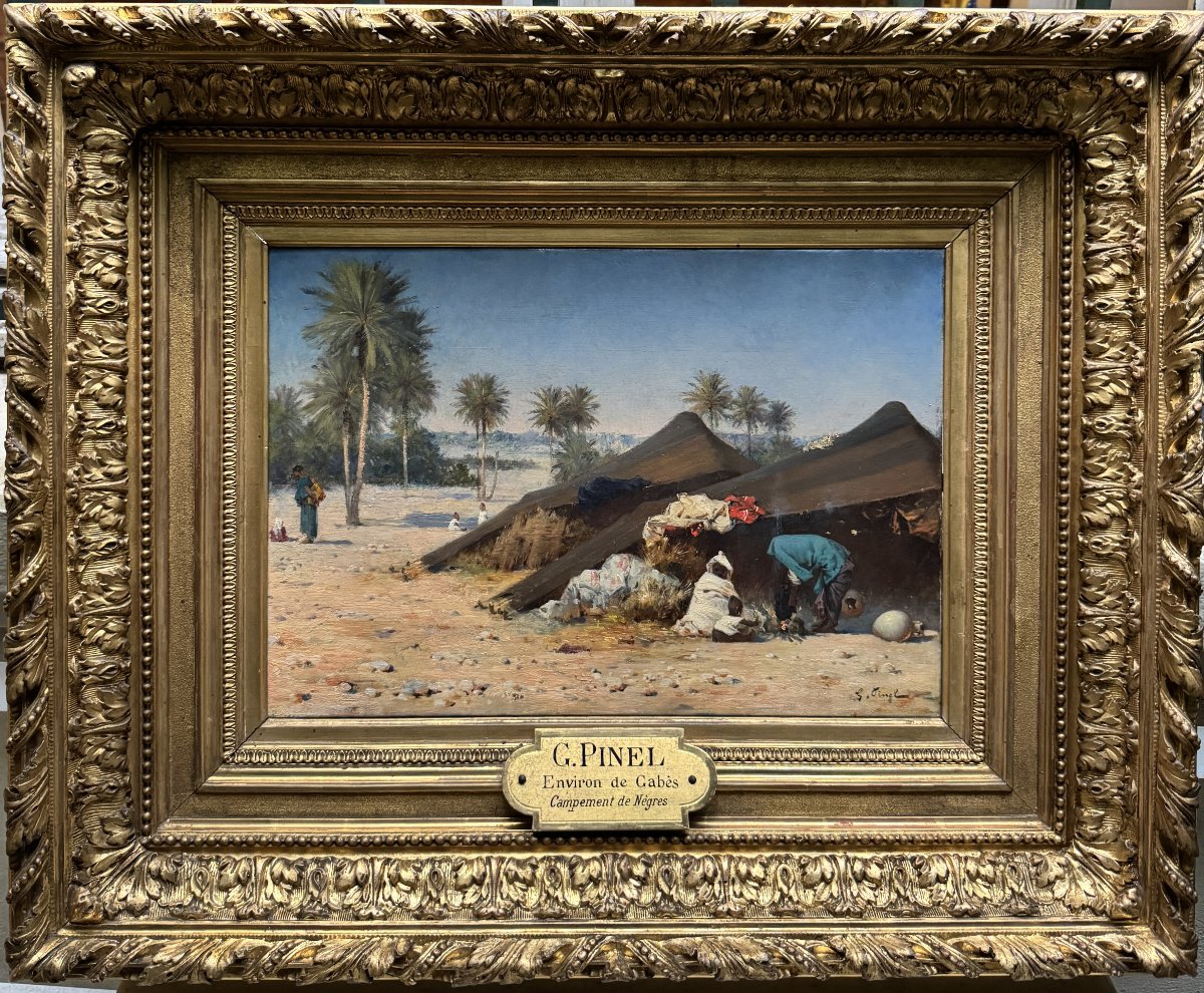 Gustave Nicolas PINEL (1842-1896) - tableau orientaliste Campement d'africains à Gabès, Tunisie-photo-2