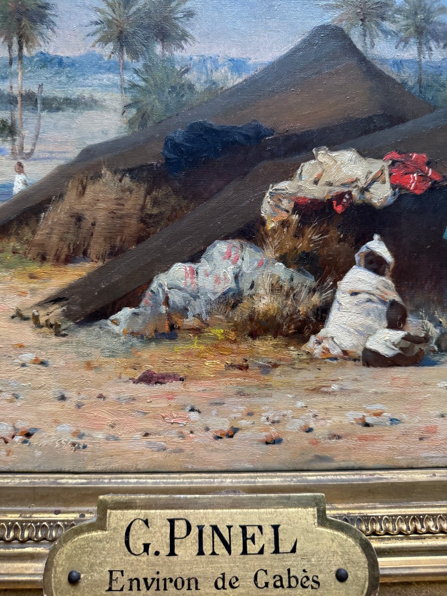 Gustave Nicolas PINEL (1842-1896) - tableau orientaliste Campement d'africains à Gabès, Tunisie-photo-3