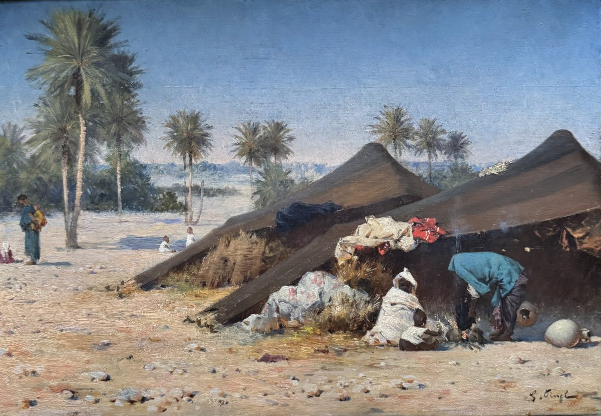 Gustave Nicolas PINEL (1842-1896) - tableau orientaliste Campement d'africains à Gabès, Tunisie