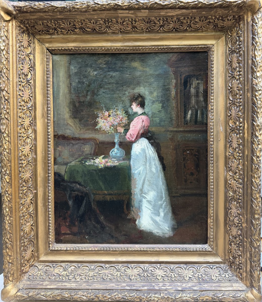 French Impressionist School - An Elegant Woman In Her Home, Circa 1890-photo-2