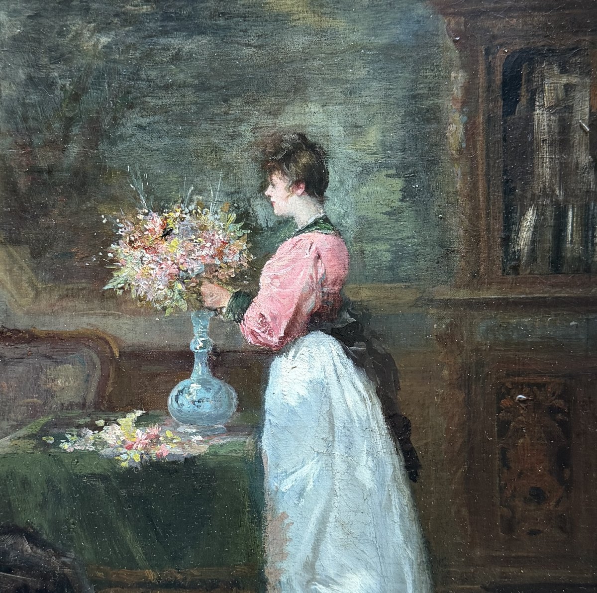 French Impressionist School - An Elegant Woman In Her Home, Circa 1890-photo-3
