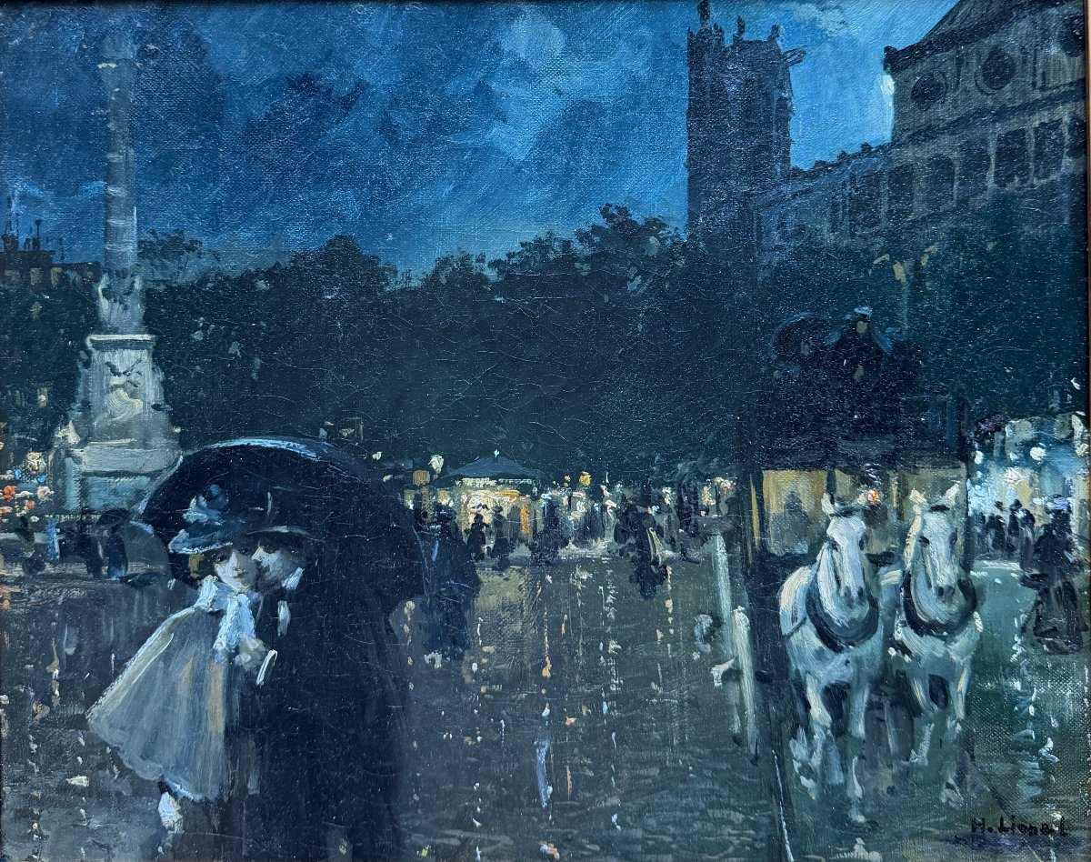 H. Lionel (19th–20th Centuries) - Painting Paris, Place Du Châtelet At Night, Circa 1900