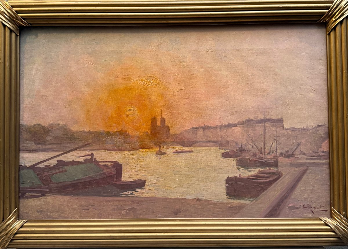 Henri Royet (1850-1918) - Coucher de Soleil sur la Seine, Notre Dame de Paris, circa 1900-photo-2