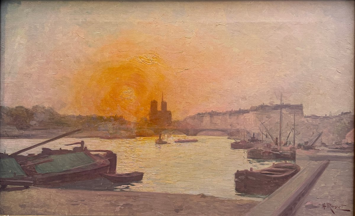 Henri Royet (1850-1918) - Coucher de Soleil sur la Seine, Notre Dame de Paris, circa 1900-photo-3