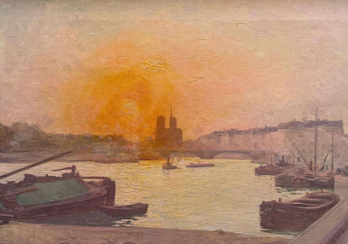 Henri Royet (1850-1918) - Coucher de Soleil sur la Seine, Notre Dame de Paris, circa 1900-photo-4