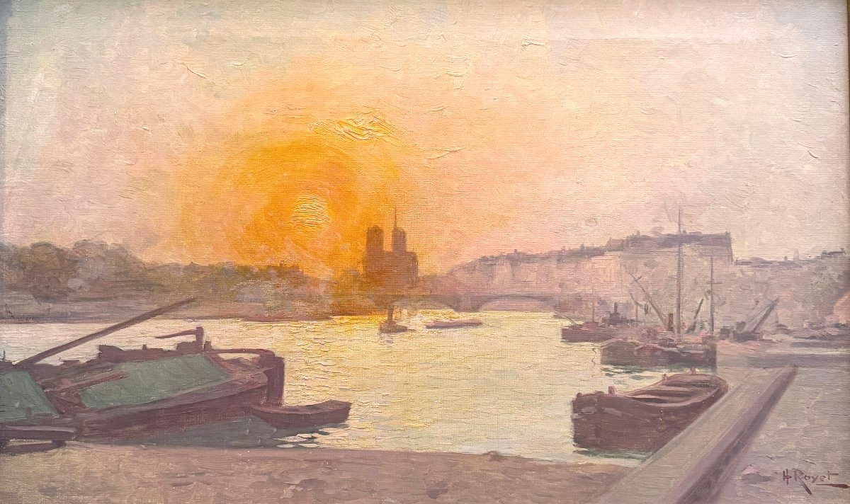 Henri Royet (1850-1918) - Coucher de Soleil sur la Seine, Notre Dame de Paris, circa 1900
