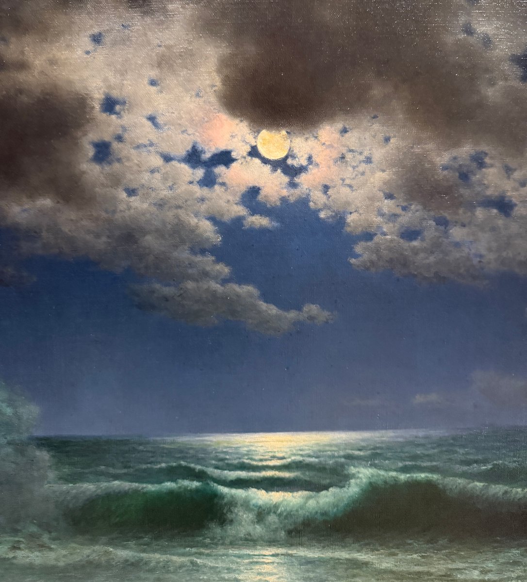 A. Delattre (XIX-XX) - Marine, Vagues au clair de lune, 1923-photo-2