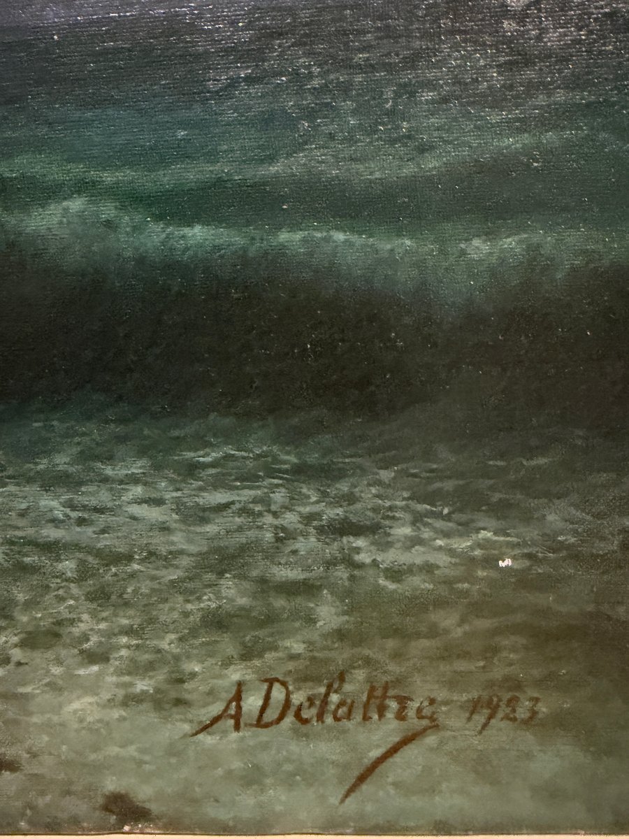 A. Delattre (XIX-XX) - Marine, Vagues au clair de lune, 1923-photo-3