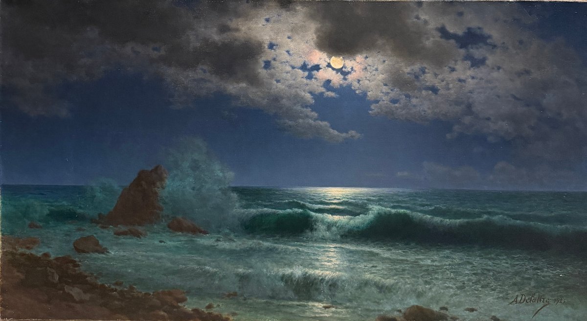 A. Delattre (XIX-XX) - Marine, Vagues au clair de lune, 1923
