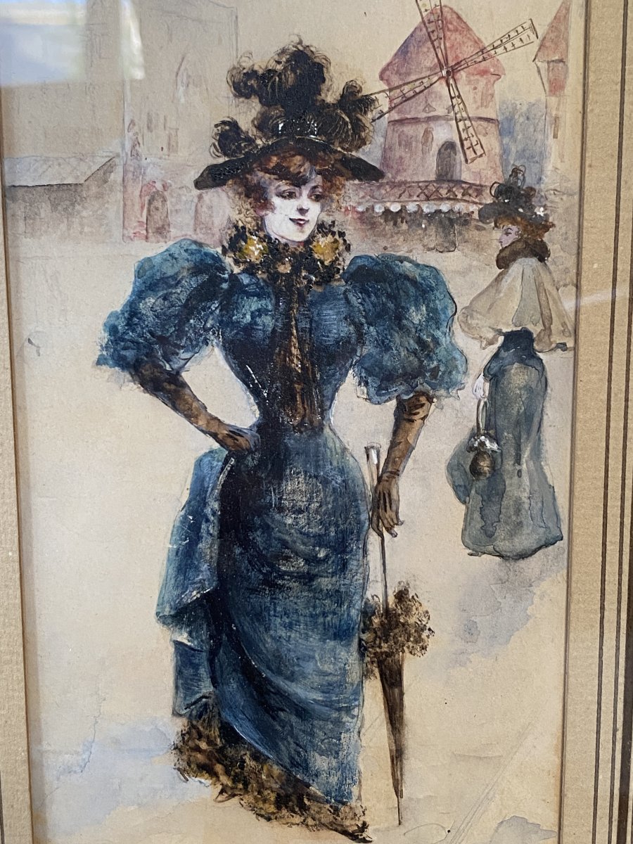 Ecole Française, La Parisienne Au Moulin Rouge, Aquarelle Circa 1900 - Monogrammé-photo-2