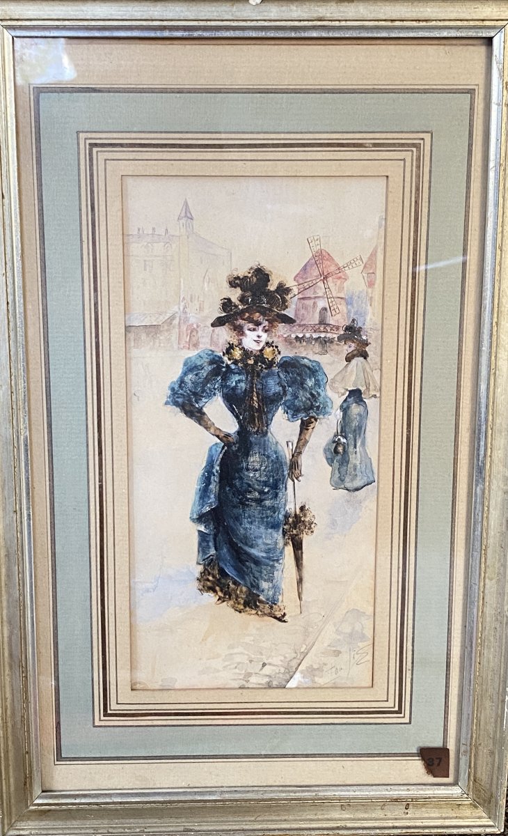 Ecole Française, La Parisienne Au Moulin Rouge, Aquarelle Circa 1900 - Monogrammé