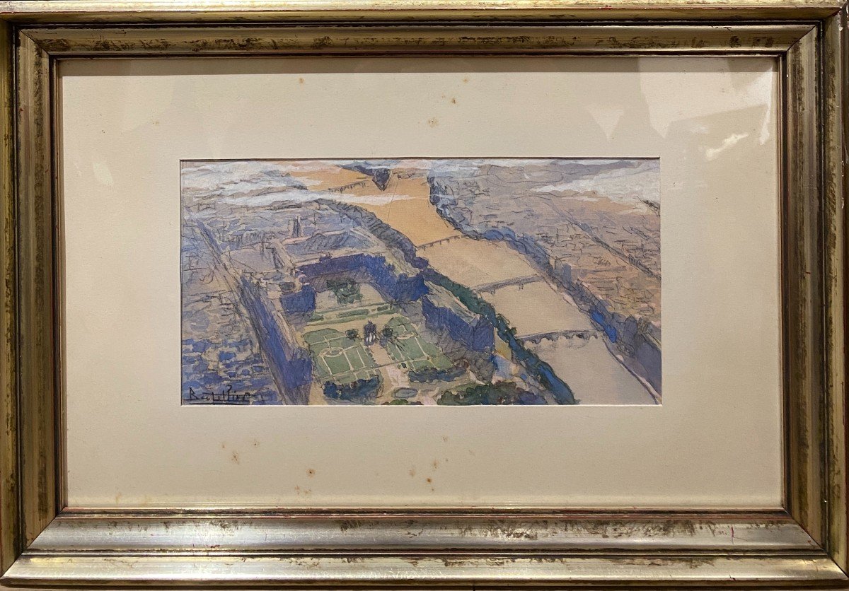 French School XXth Century - Aerial View Of The Louvre, The Tuileries, The Cour Napoleon