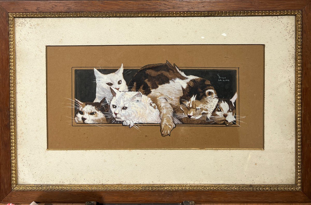 G. Buron - Active In The 20th Century - Trompe l'Oeil Cats, 1910