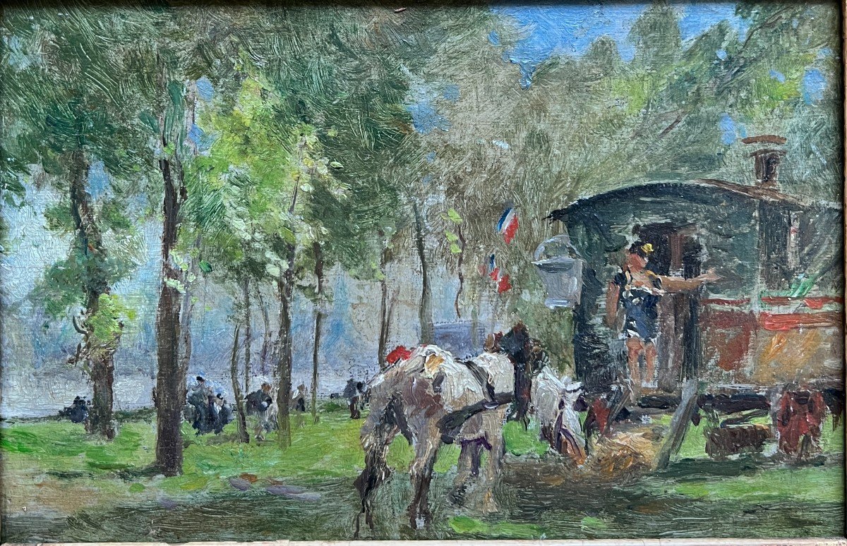 Ecole Française Post Impressionniste Vers 1910 - Fête Foraine ou cirque, Devant La Roulotte-photo-2