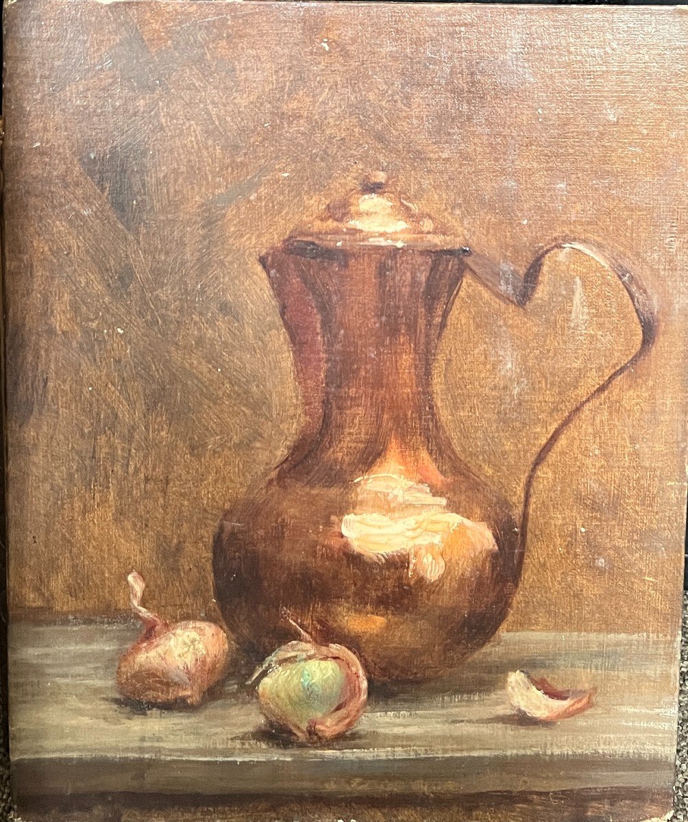 French School From The End Of The 19th Century - Still Life Copper Teapot And Onions-photo-2