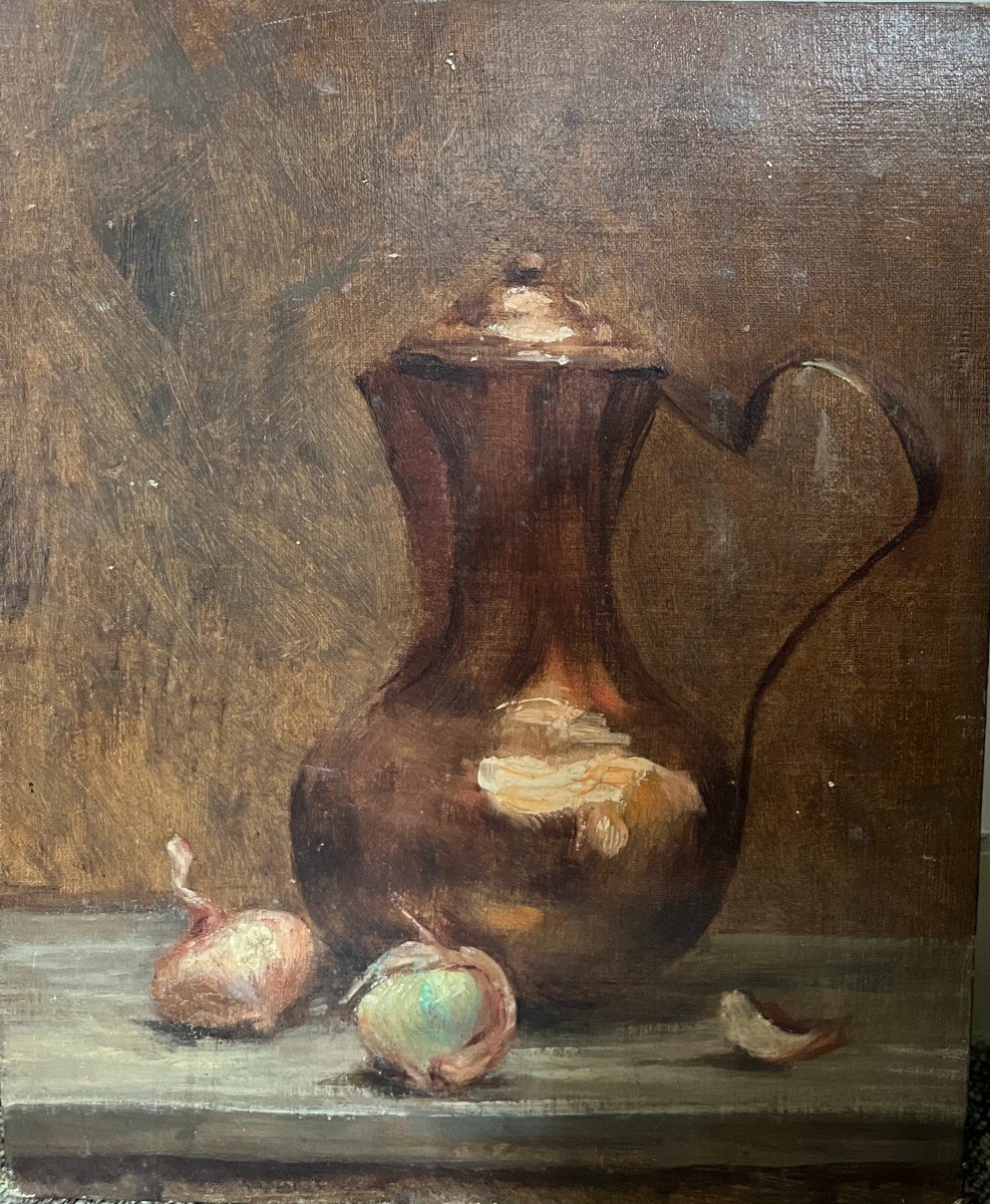 French School From The End Of The 19th Century - Still Life Copper Teapot And Onions