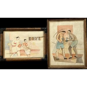 Ecole Française Du XXème Siècle - Combat De Boxe, 1929 - Paire d'Aquarelles cubisantes