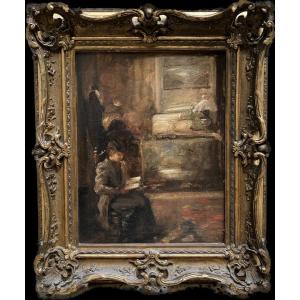 French School Of The 19th Century - Entourage Of Edouard Vuillard Interior, Woman Reading