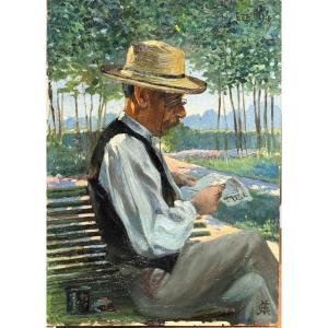French Impressionist School - Summer 1894, Man With Journal - Monogrammed