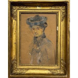 Ecole Française Impressionniste - Portrait De Femme Au Chapeau, Circa 1880