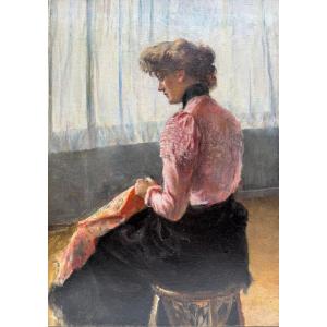 French Impressionist School - Young Woman At Couture, Circa 1890