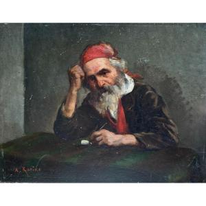 Adrien Racine (calvados, Actif Vers 1880, Elève De Bonnat) - Portrait d'Homme à La Pipe