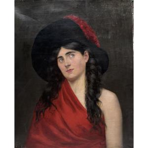 Ecole française vers 1900 - Modèle au chapeau et au drap rouge
