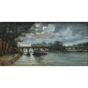 Ecole Française fin du 19ème siècle - Paris, Seine illuminée la nuit au Pont Marie, circa 1890