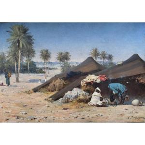 Gustave Nicolas PINEL (1842-1896) - tableau orientaliste Campement d'africains à Gabès, Tunisie