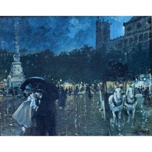 H. Lionel (19th–20th Centuries) - Painting Paris, Place Du Châtelet At Night, Circa 1900
