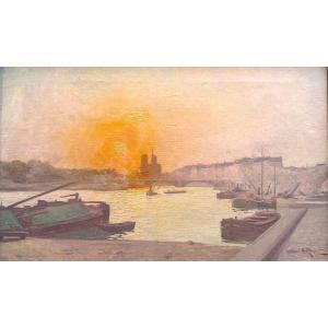 Henri Royet (1850-1918) - Coucher de Soleil sur la Seine, Notre Dame de Paris, circa 1900