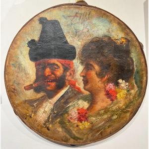 Benito Belli (active 1870-1899) - Pair Of Large Painted Tambourines: Spaniards With Cigars, 1874