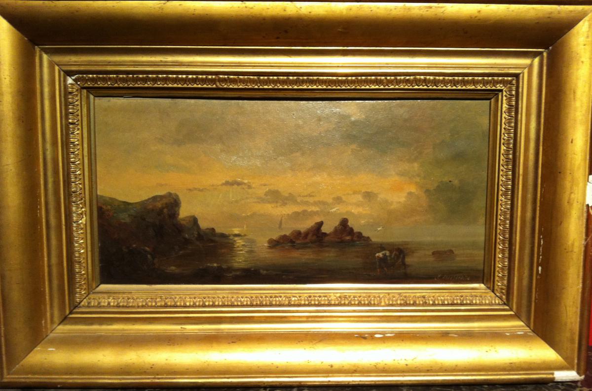 "fishermen" Nineteenth Century Oil On Cardboard.-photo-3