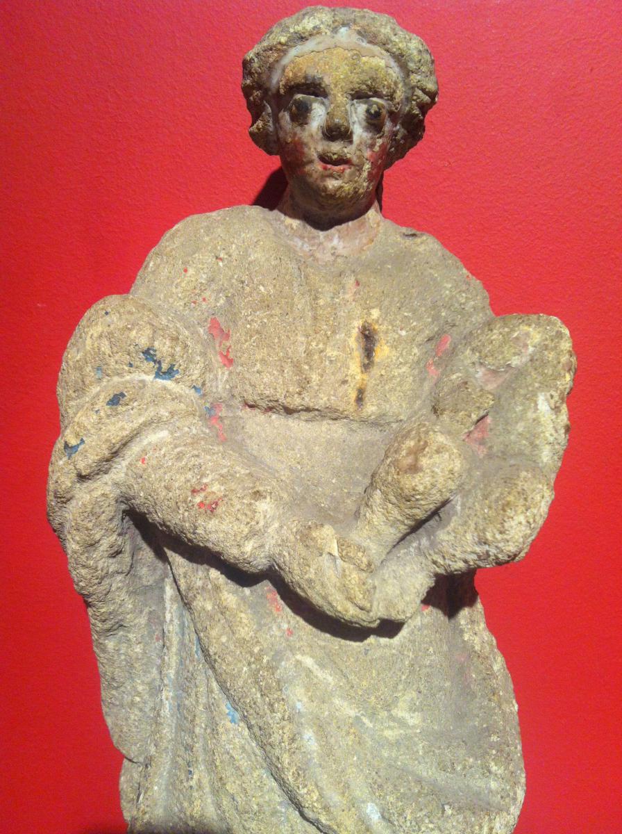 Vierge à l'Enfant en Pierre Sculptée.-photo-2