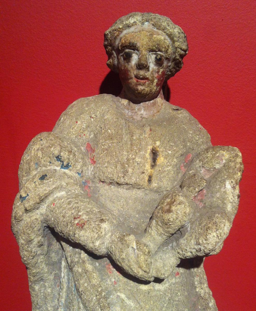Vierge à l'Enfant en Pierre Sculptée.-photo-3