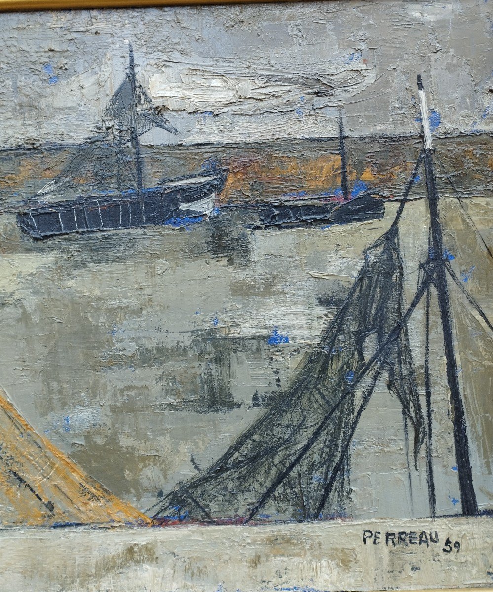 Marine " Bateaux a quai " Perreau 59 Huile sur toile-photo-2