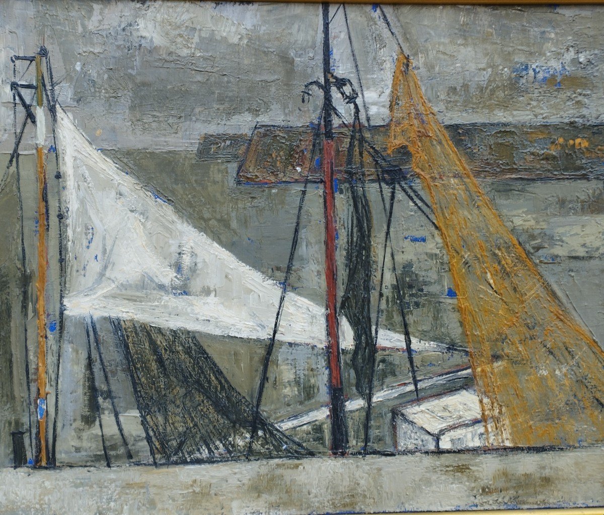 Marine " Bateaux a quai " Perreau 59 Huile sur toile-photo-4