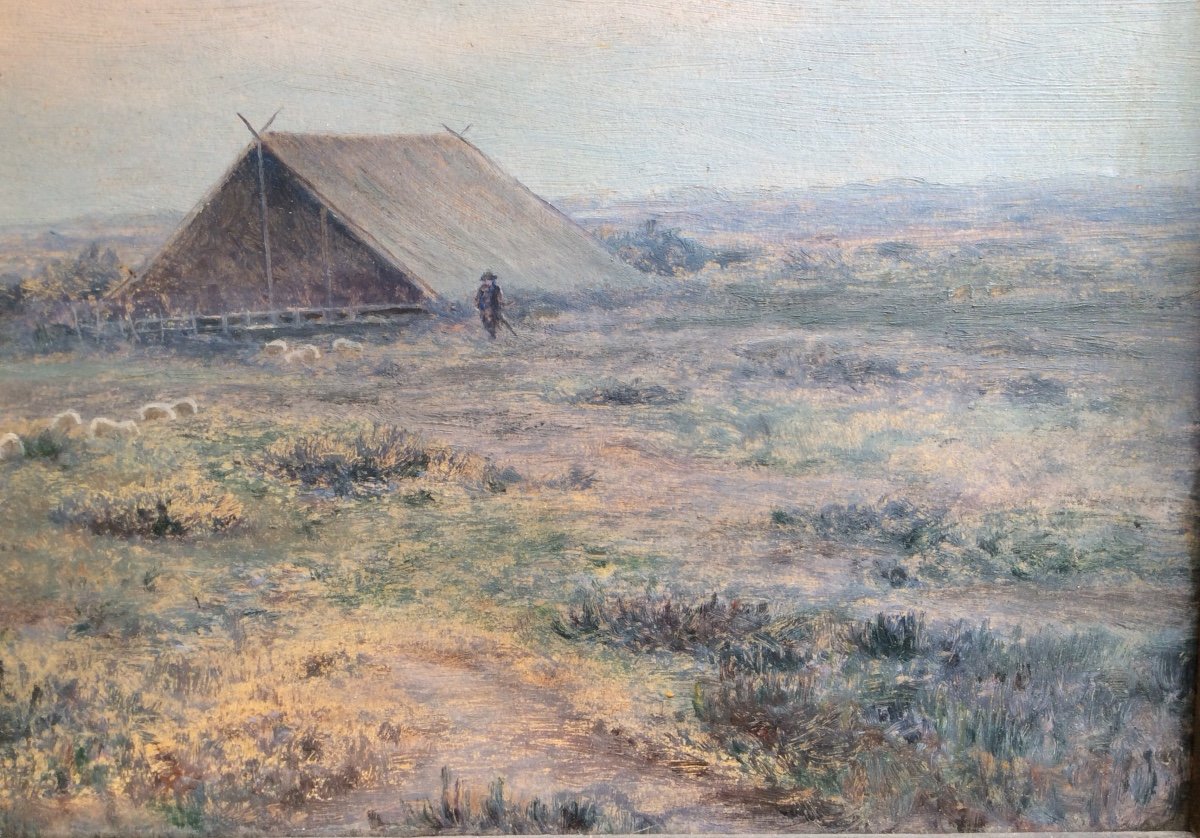 Henri Bésiné "a Sheepfold In The Camargue" Oil On Cardboard-photo-1