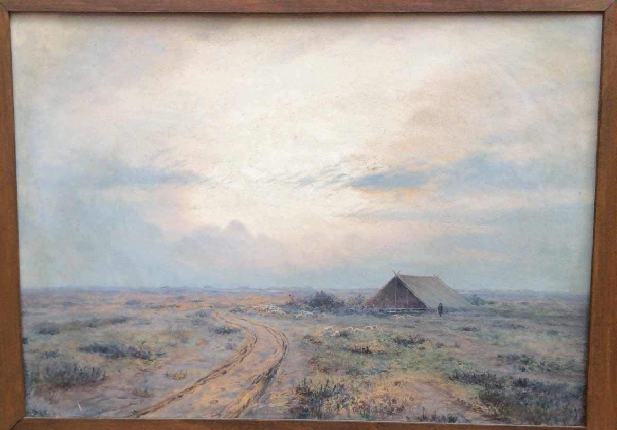 Henri Bésiné "a Sheepfold In The Camargue" Oil On Cardboard