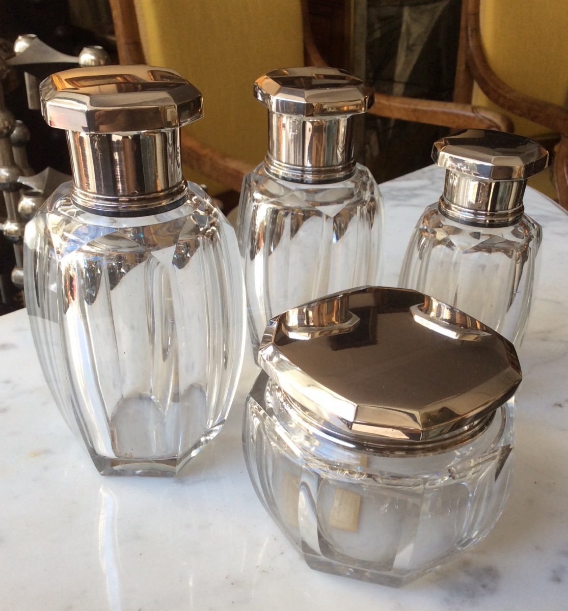 Baccarat, Ensemble De Toilette, 4 Flacons En Cristal Et Argent XXeme-photo-2