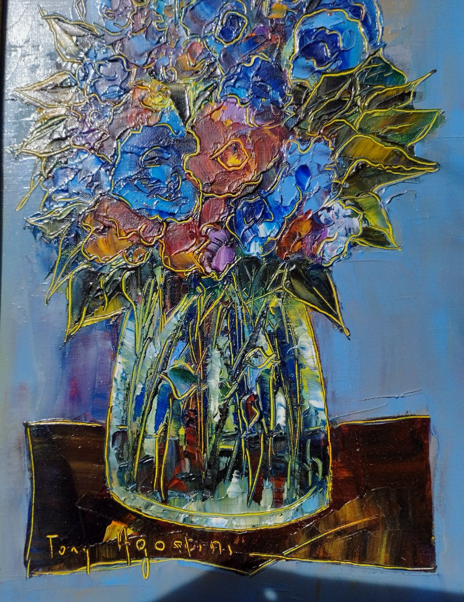 Tony Agostini " Country Bouquet " Oil On Canvas-photo-4