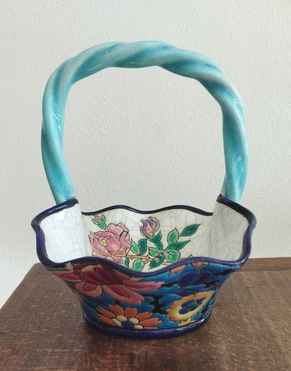 Small Basket In Earthenware And Longwy Enamels